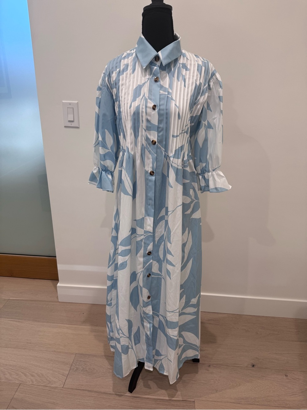Light Blue & White Floral Button-Front Maxi Dress